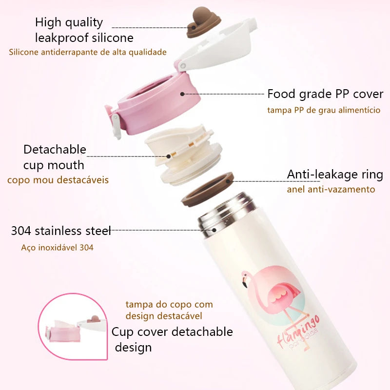 250/350ML Unicorn Flamingo Thermal Mug Portable Cute Stainless Steel Bouncing Lid Kids Children Child Small Mini Water Bottle