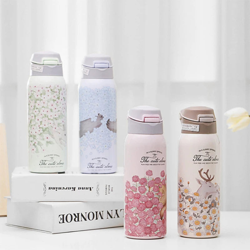 350/450ml Flower Thermos Mug Stainless Steel Portable Insulated Cup Thermal Bottle for Kids Bottle Travel Vacuum Insulated