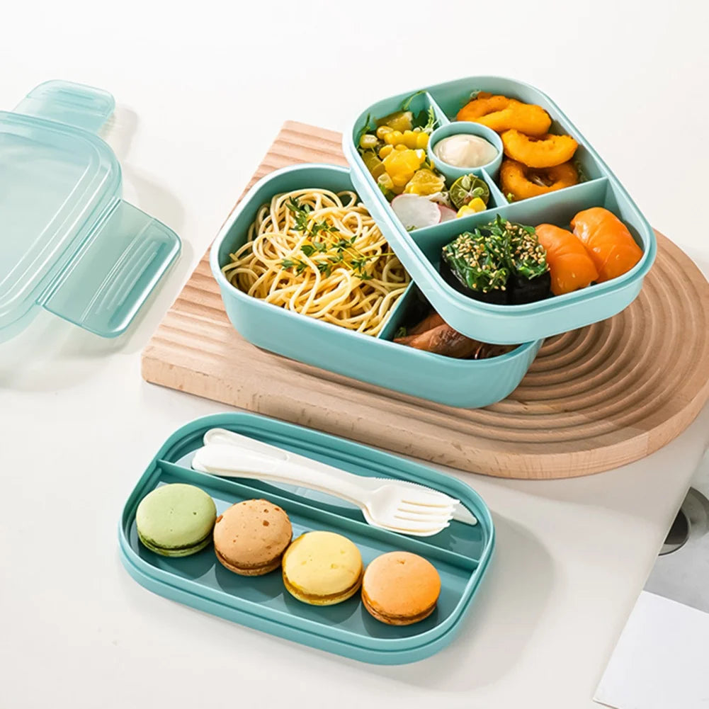 Portable Lunch Box |  Food Storage Container  |  For Children School or Office  | 2 Layer Grid Lunch Box with Fork and Spoon