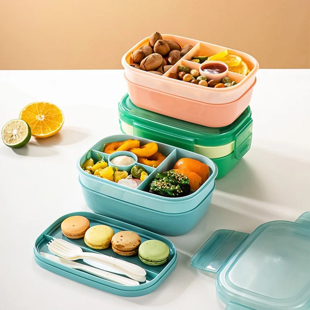 Portable Lunch Box |  Food Storage Container  |  For Children School or Office  | 2 Layer Grid Lunch Box with Fork and Spoon